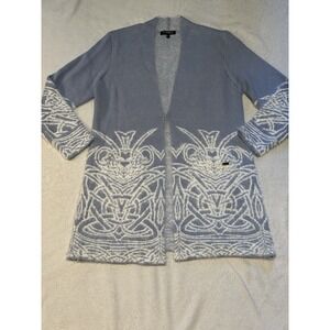 Picadilly Blue White Fuzzy Knit Open Front Cardigan Sweater M L Hook Canada